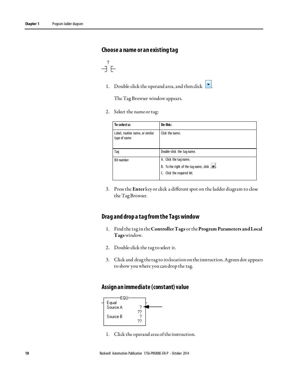 Choose a name or an existing tag, Drag and drop a tag from the tags window, Assign an immediate (constant) value | Rockwell Automation Logix5000 Controllers Ladder Diagram Programming Manual User Manual | Page 18 / 22