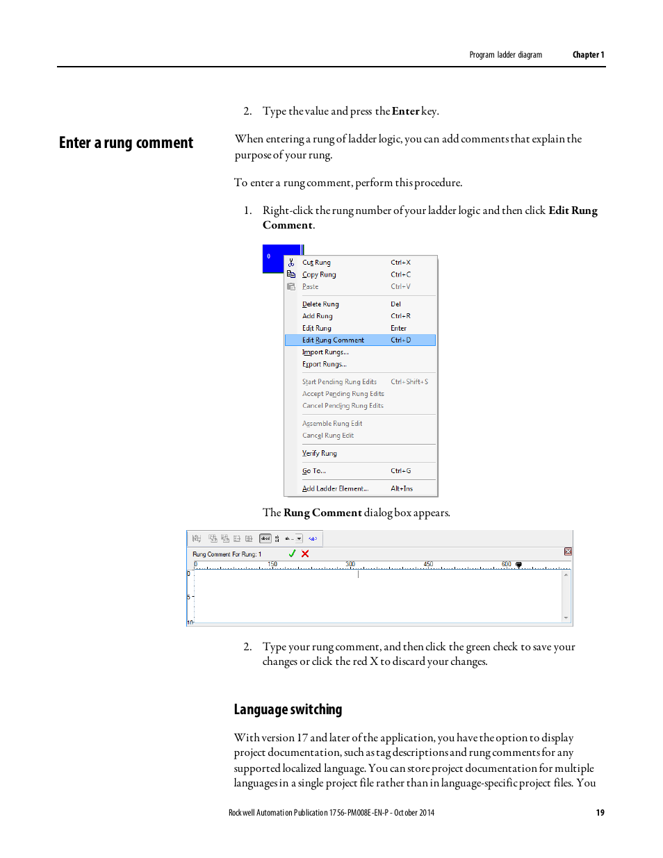 Enter a rung comment, Language switching | Rockwell Automation Logix5000 Controllers Ladder Diagram Programming Manual User Manual | Page 19 / 22