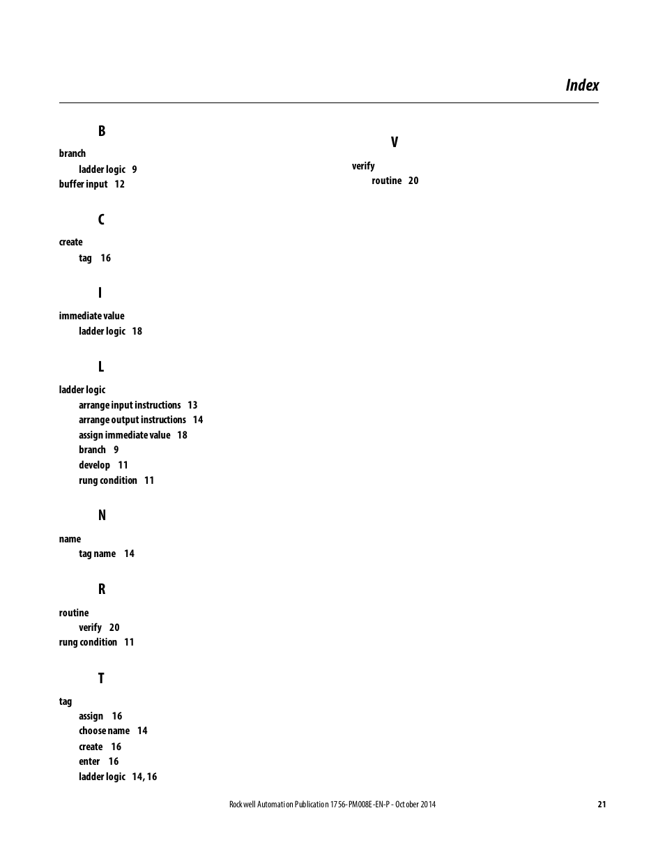 Index | Rockwell Automation Logix5000 Controllers Ladder Diagram Programming Manual User Manual | Page 21 / 22