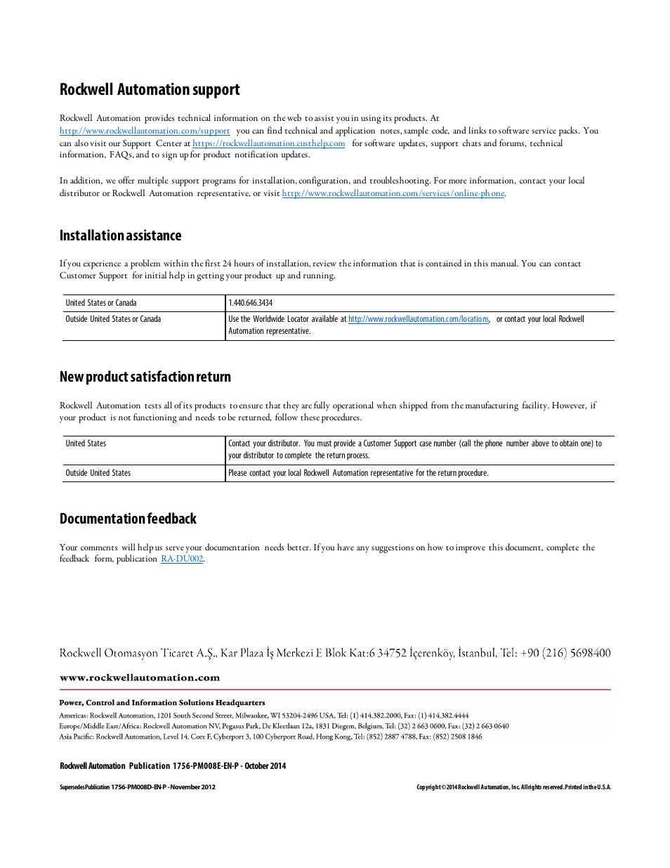 Rockwell automation support, Installation assistance, New product satisfaction return | Documentation feedback | Rockwell Automation Logix5000 Controllers Ladder Diagram Programming Manual User Manual | Page 22 / 22