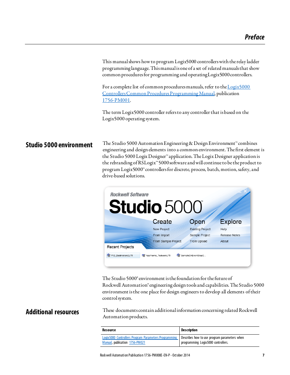 Preface, Studio 5000 environment, Additional resources | Studio 5000 environment additional resources | Rockwell Automation Logix5000 Controllers Ladder Diagram Programming Manual User Manual | Page 7 / 22