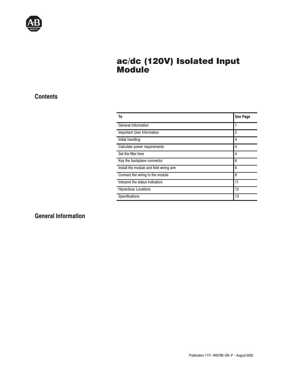 Rockwell Automation 1771-ID16 SERIES B Install Instr ac/dc (120V)Isolated Input User Manual | 16 pages