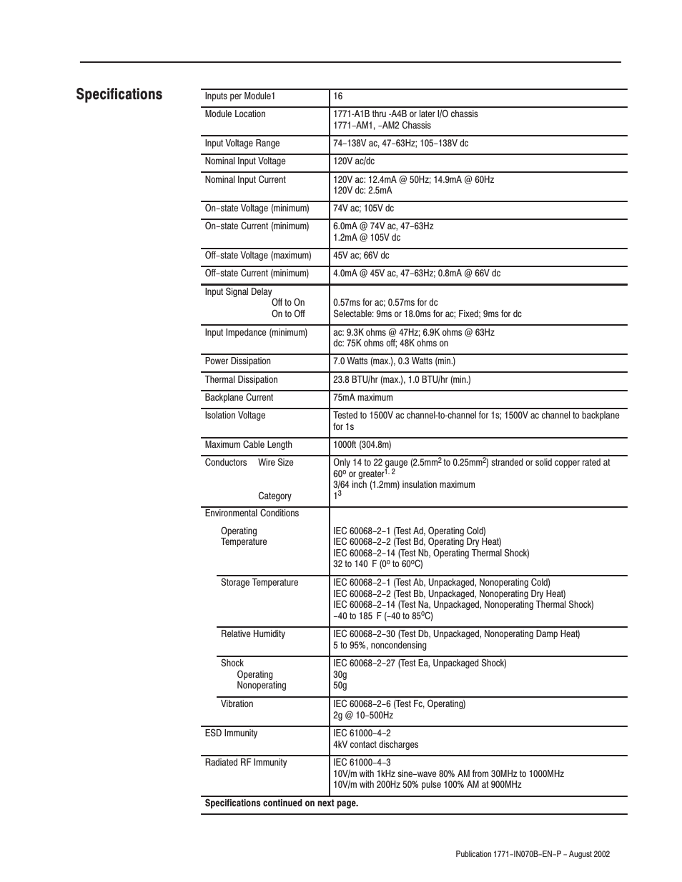 Specifications | Rockwell Automation 1771-ID16 SERIES B Install Instr ac/dc (120V)Isolated Input User Manual | Page 13 / 16