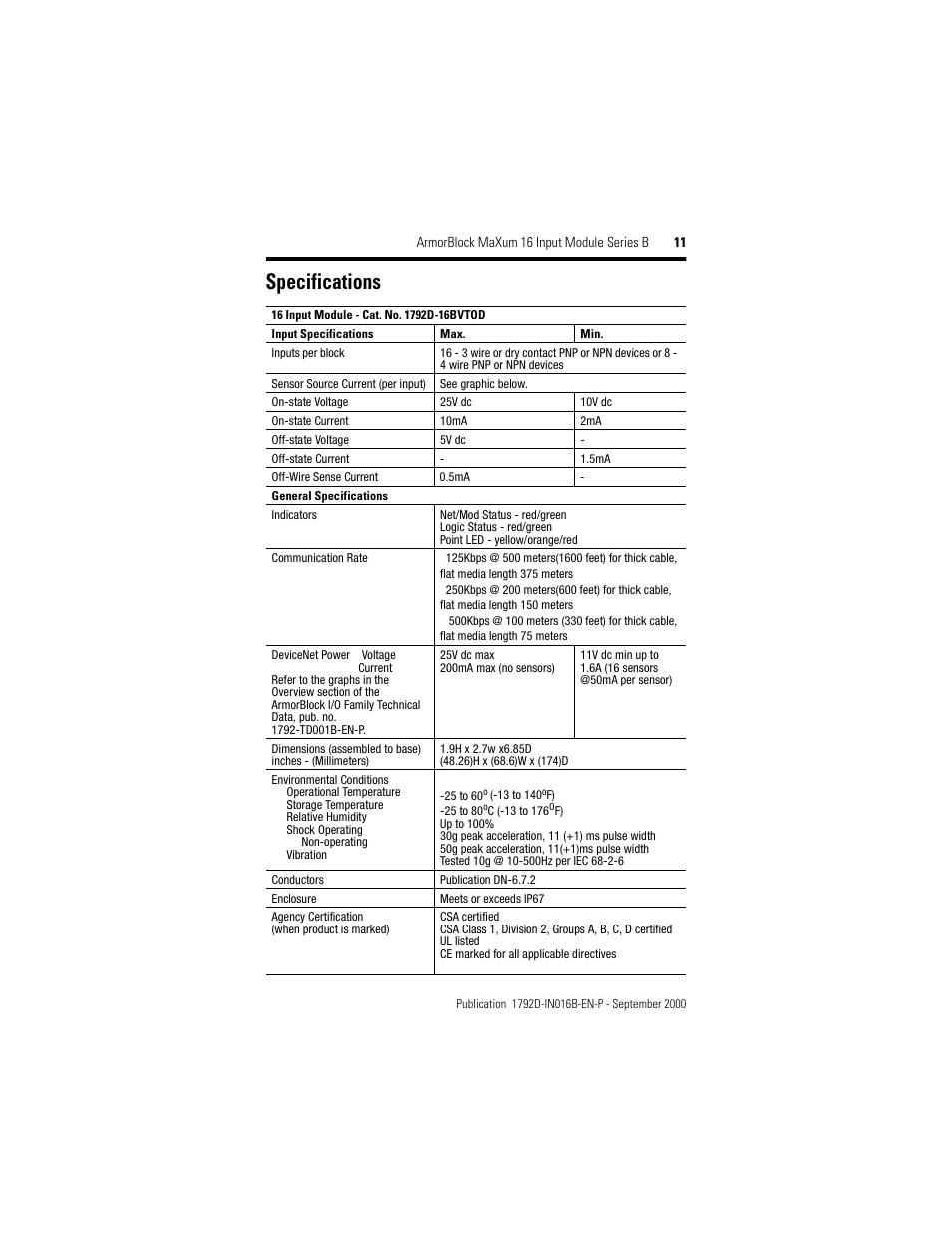 Specifications | Rockwell Automation 1792D-16BVTOD ArmorBlock MaXum 16 Input Module Series B User Manual | Page 11 / 16