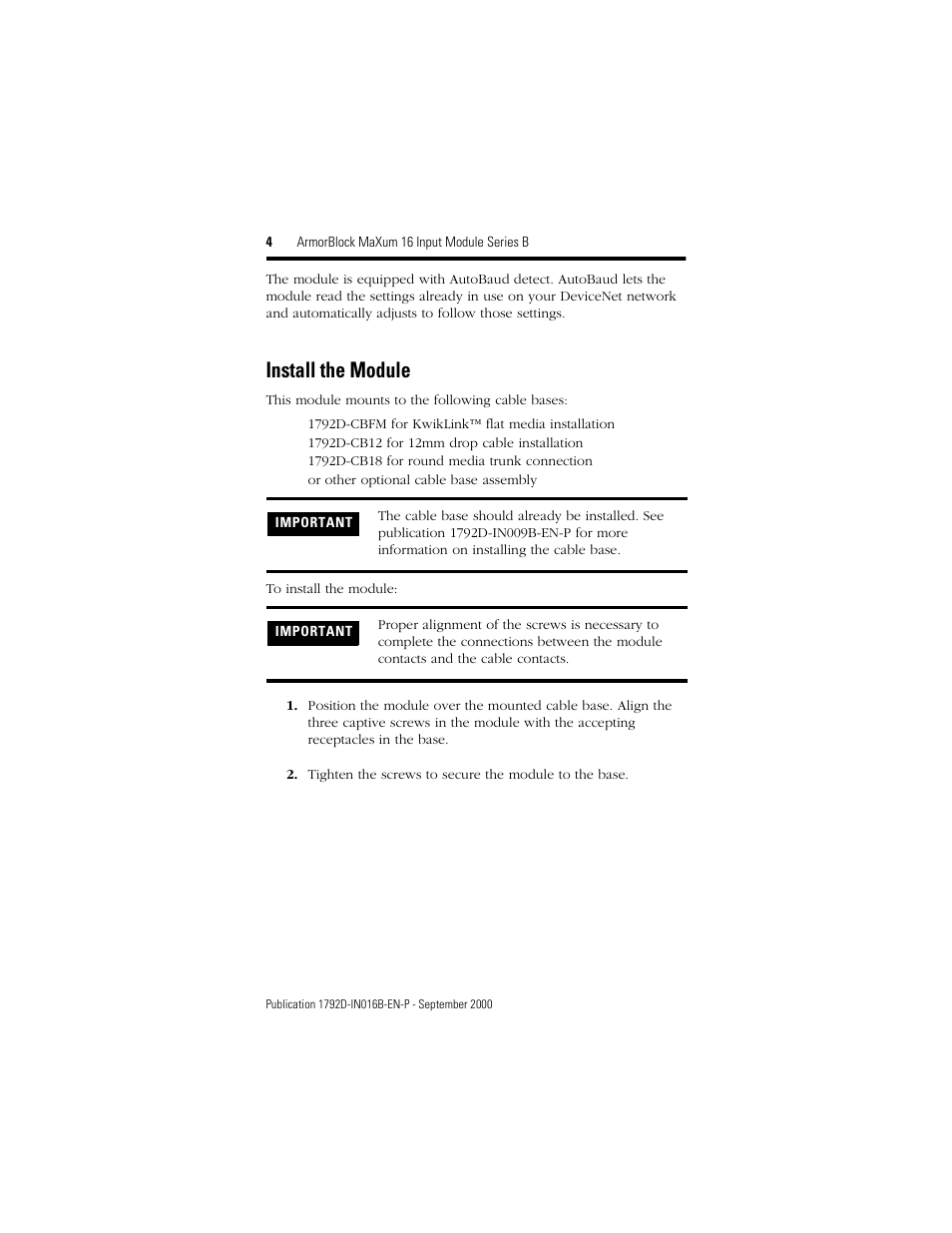 Install the module | Rockwell Automation 1792D-16BVTOD ArmorBlock MaXum 16 Input Module Series B User Manual | Page 4 / 16