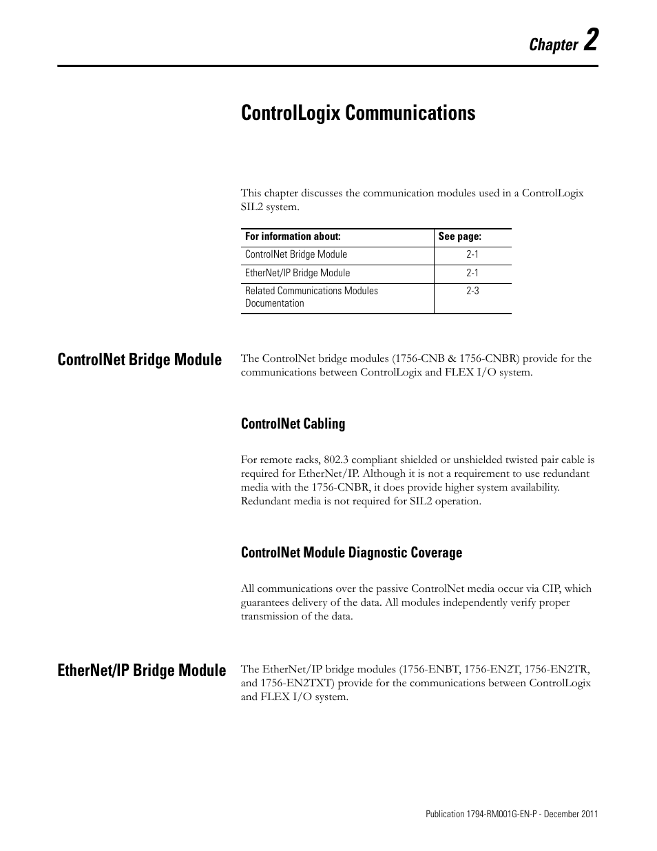 2 - controllogix communications, Controlnet bridge module, Controlnet cabling | Controlnet module diagnostic coverage, Ethernet/ip bridge module, Chapter 2, Controllogix communications, Chapter | Rockwell Automation 1794 FLEX I/O System with ControlLogix for SIL2 User Manual | Page 19 / 60