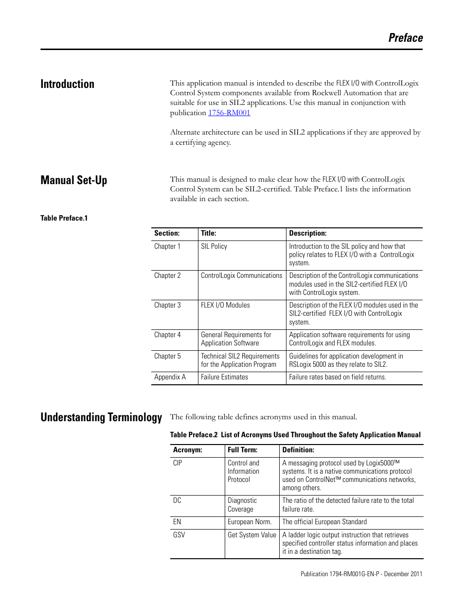 Preface, Introduction, Manual set-up | Understanding terminology, Preface introduction | Rockwell Automation 1794 FLEX I/O System with ControlLogix for SIL2 User Manual | Page 3 / 60