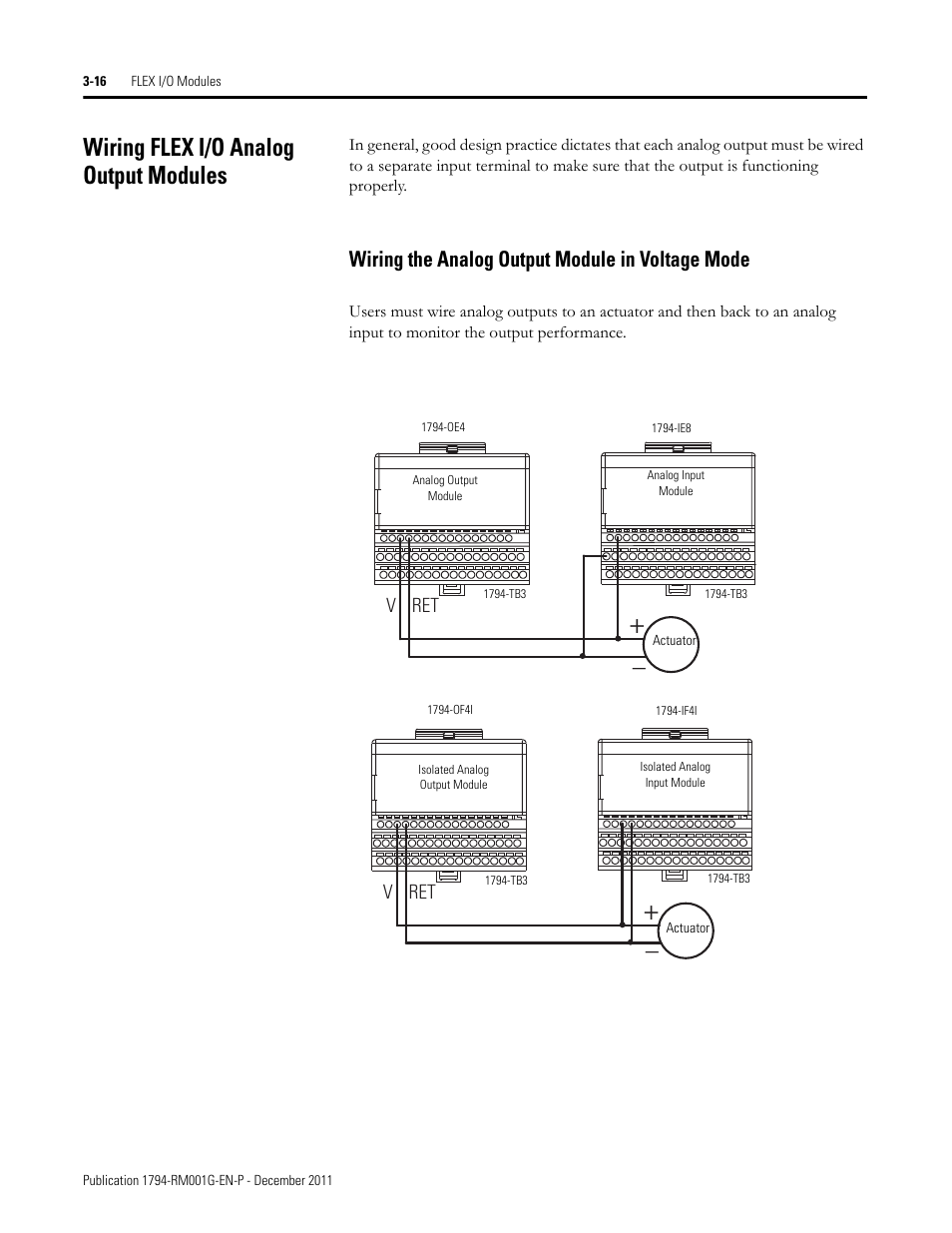 Wiring flex i/o analog output modules, Wiring the analog output module in voltage mode | Rockwell Automation 1794 FLEX I/O System with ControlLogix for SIL2 User Manual | Page 38 / 60