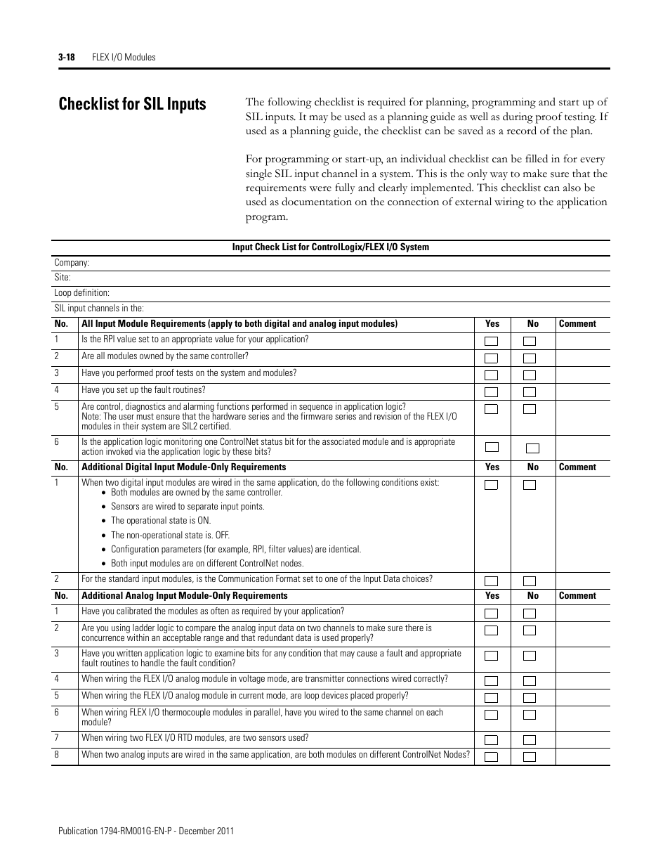 Checklist for sil inputs | Rockwell Automation 1794 FLEX I/O System with ControlLogix for SIL2 User Manual | Page 40 / 60