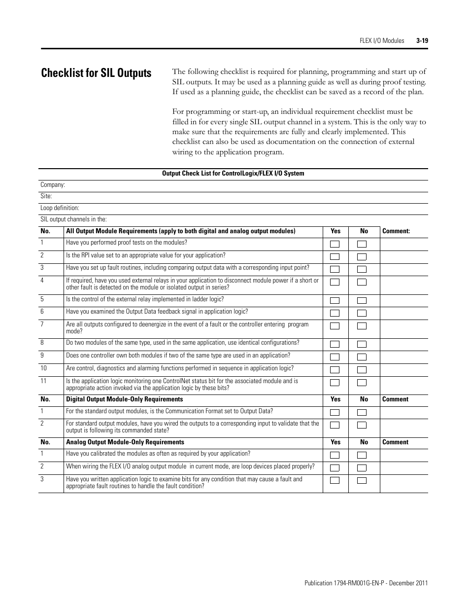 Checklist for sil outputs | Rockwell Automation 1794 FLEX I/O System with ControlLogix for SIL2 User Manual | Page 41 / 60