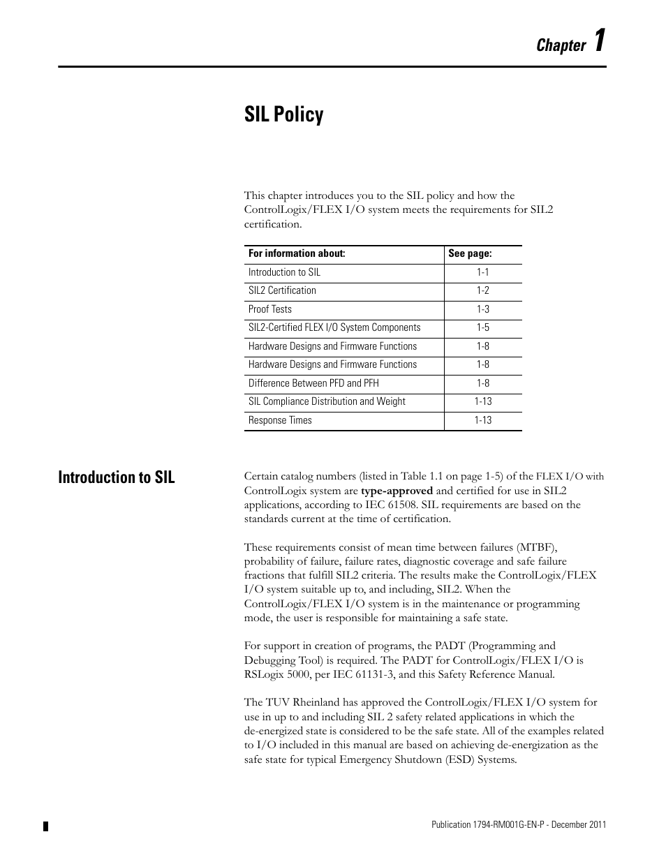 1 - sil policy, Introduction to sil, Chapter 1 | Sil policy, Chapter | Rockwell Automation 1794 FLEX I/O System with ControlLogix for SIL2 User Manual | Page 5 / 60