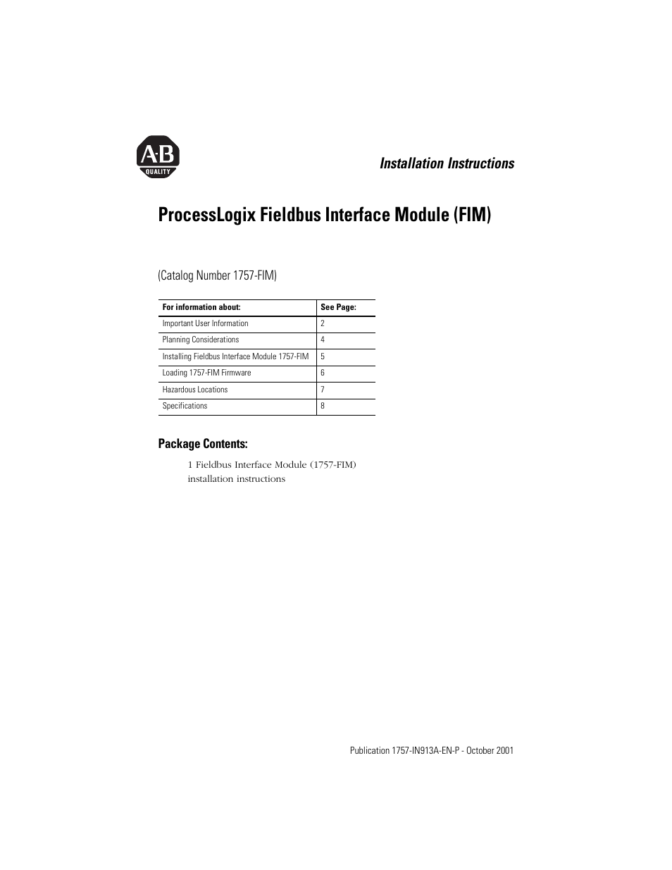 Rockwell Automation 1757-FIM ProcessLogix Fieldbus Interface Module (FIM) Installation Instructions User Manual | 12 pages