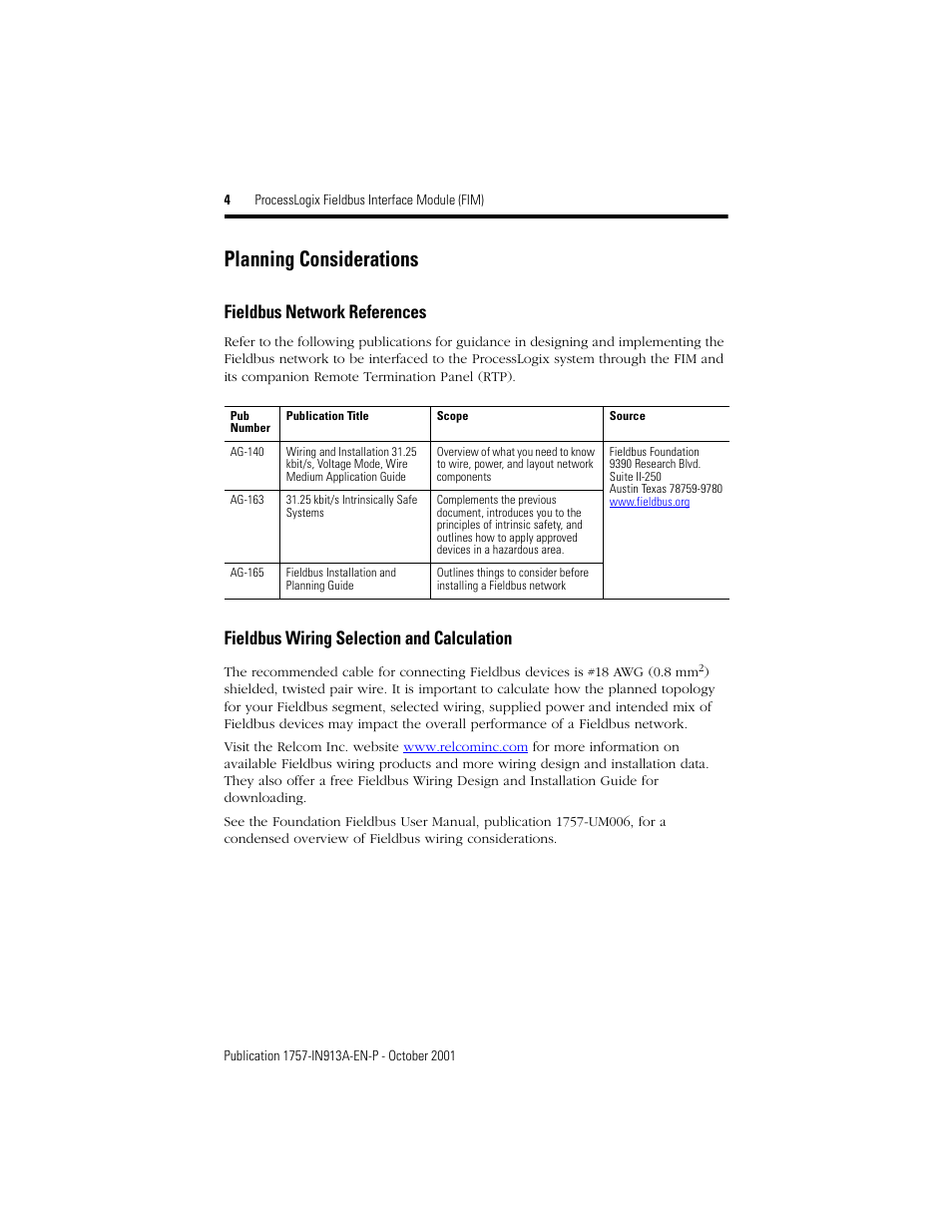 Planning considerations, Fieldbus network references, Fieldbus wiring selection and calculation | Rockwell Automation 1757-FIM ProcessLogix Fieldbus Interface Module (FIM) Installation Instructions User Manual | Page 4 / 12