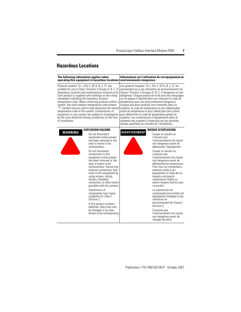 Hazardous locations | Rockwell Automation 1757-FIM ProcessLogix Fieldbus Interface Module (FIM) Installation Instructions User Manual | Page 7 / 12