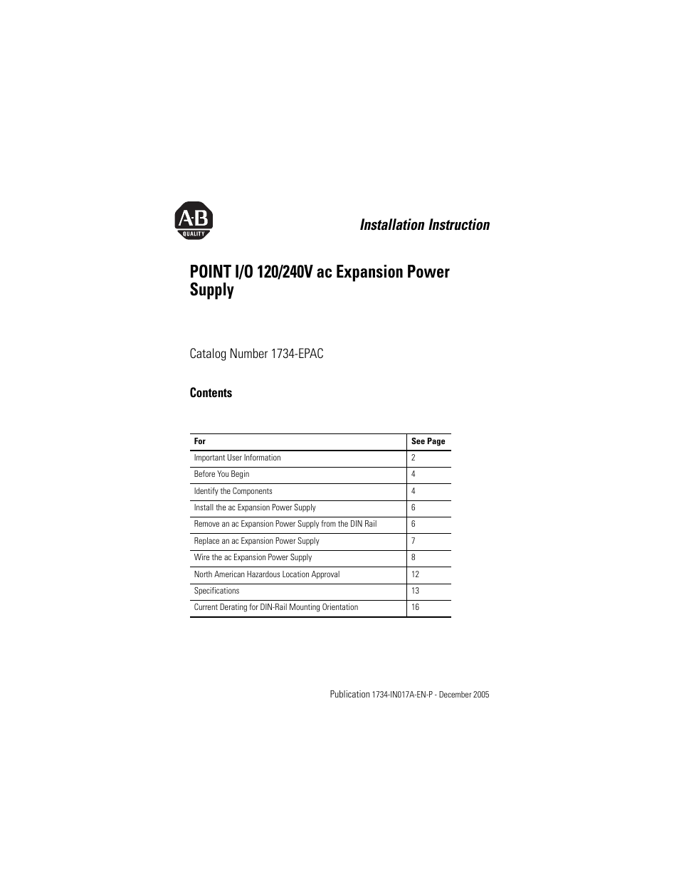 Rockwell Automation 1734-EPAC POINT I/O ac Power Supply User Manual | 16 pages