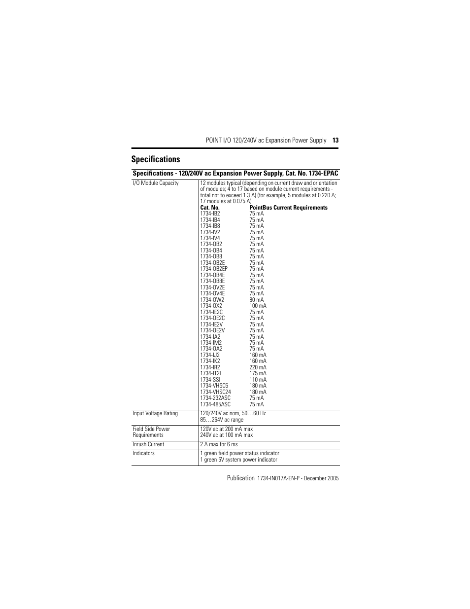Specifications | Rockwell Automation 1734-EPAC POINT I/O ac Power Supply User Manual | Page 13 / 16