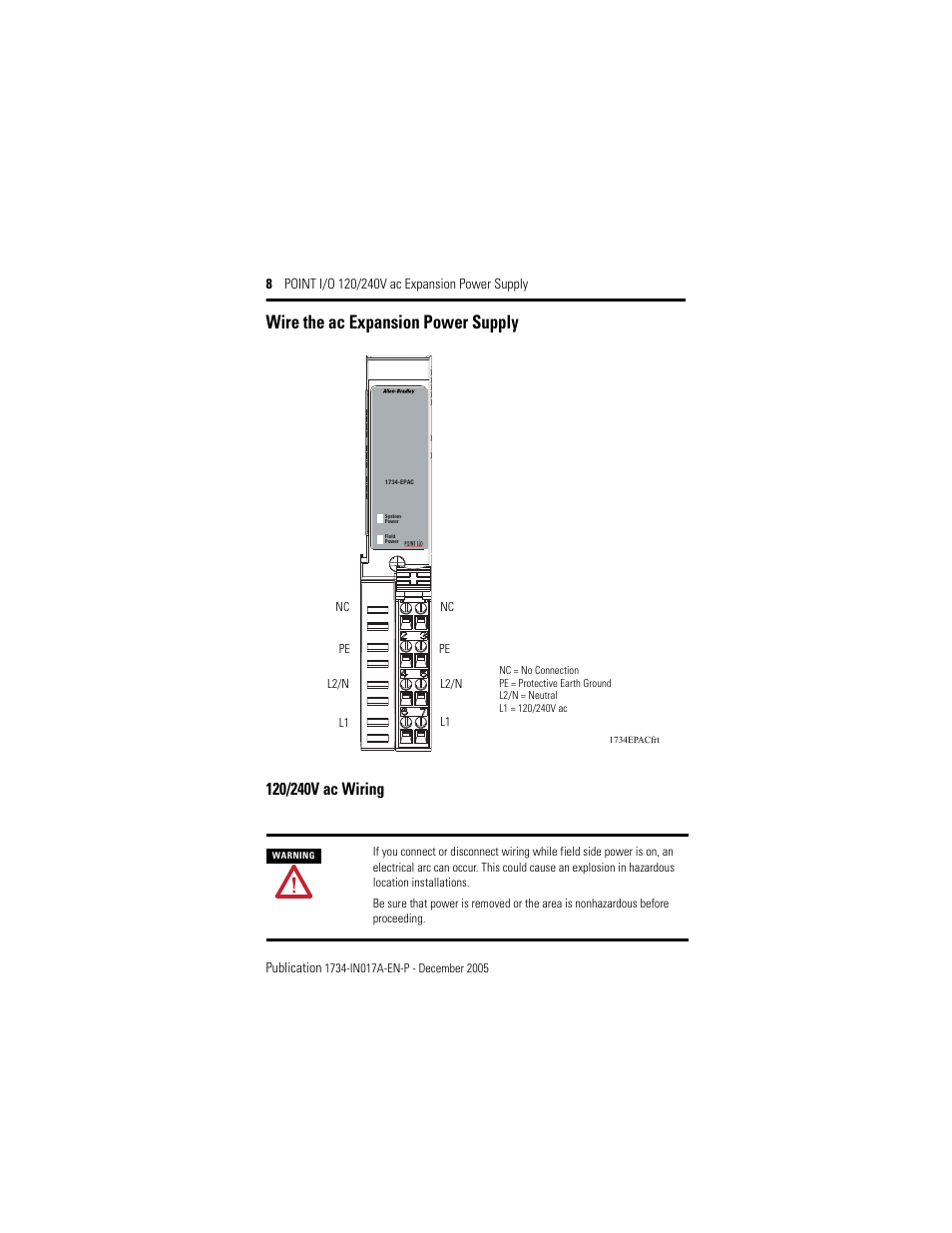 Wire the ac expansion power supply, 120/240v ac wiring | Rockwell Automation 1734-EPAC POINT I/O ac Power Supply User Manual | Page 8 / 16