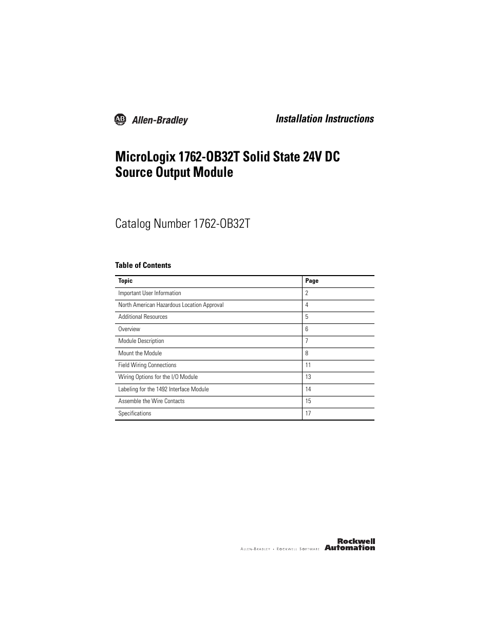 Rockwell Automation 1762-OB32T MicroLogix Solid State 24V DC Source Output User Manual | 20 pages