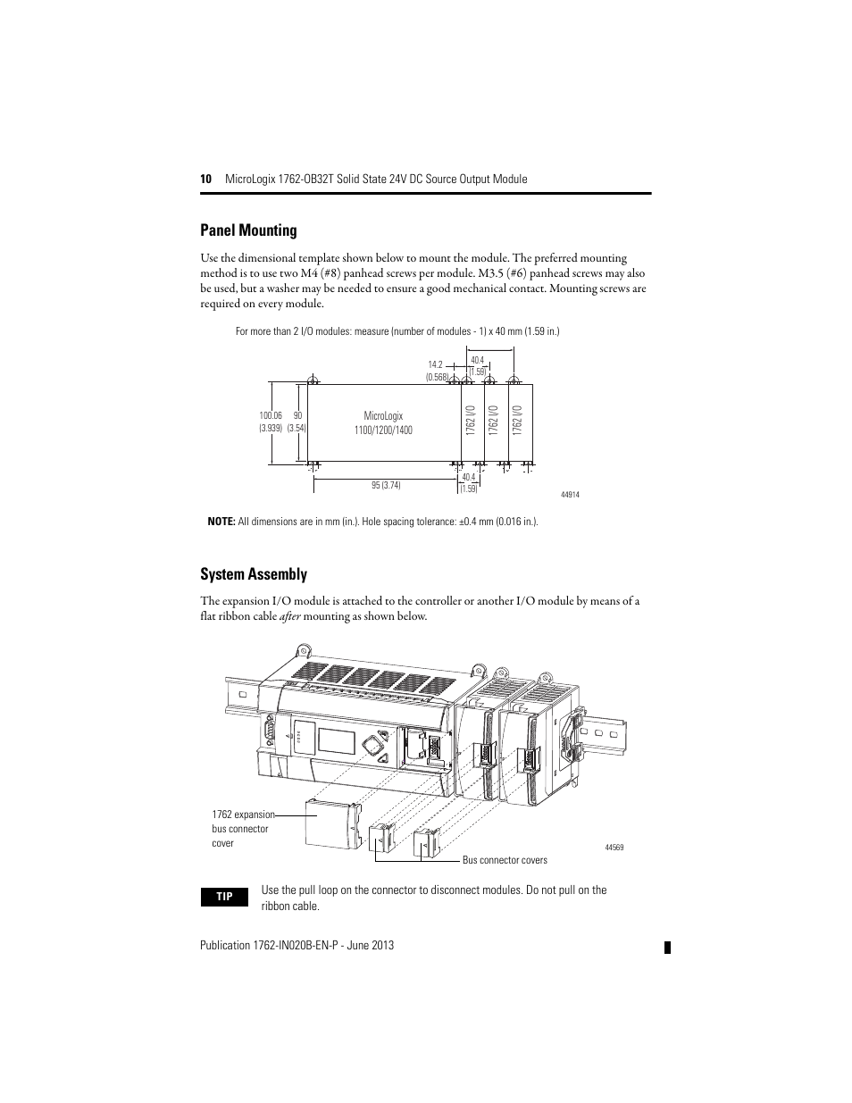 Panel mounting, System assembly | Rockwell Automation 1762-OB32T MicroLogix Solid State 24V DC Source Output User Manual | Page 10 / 20