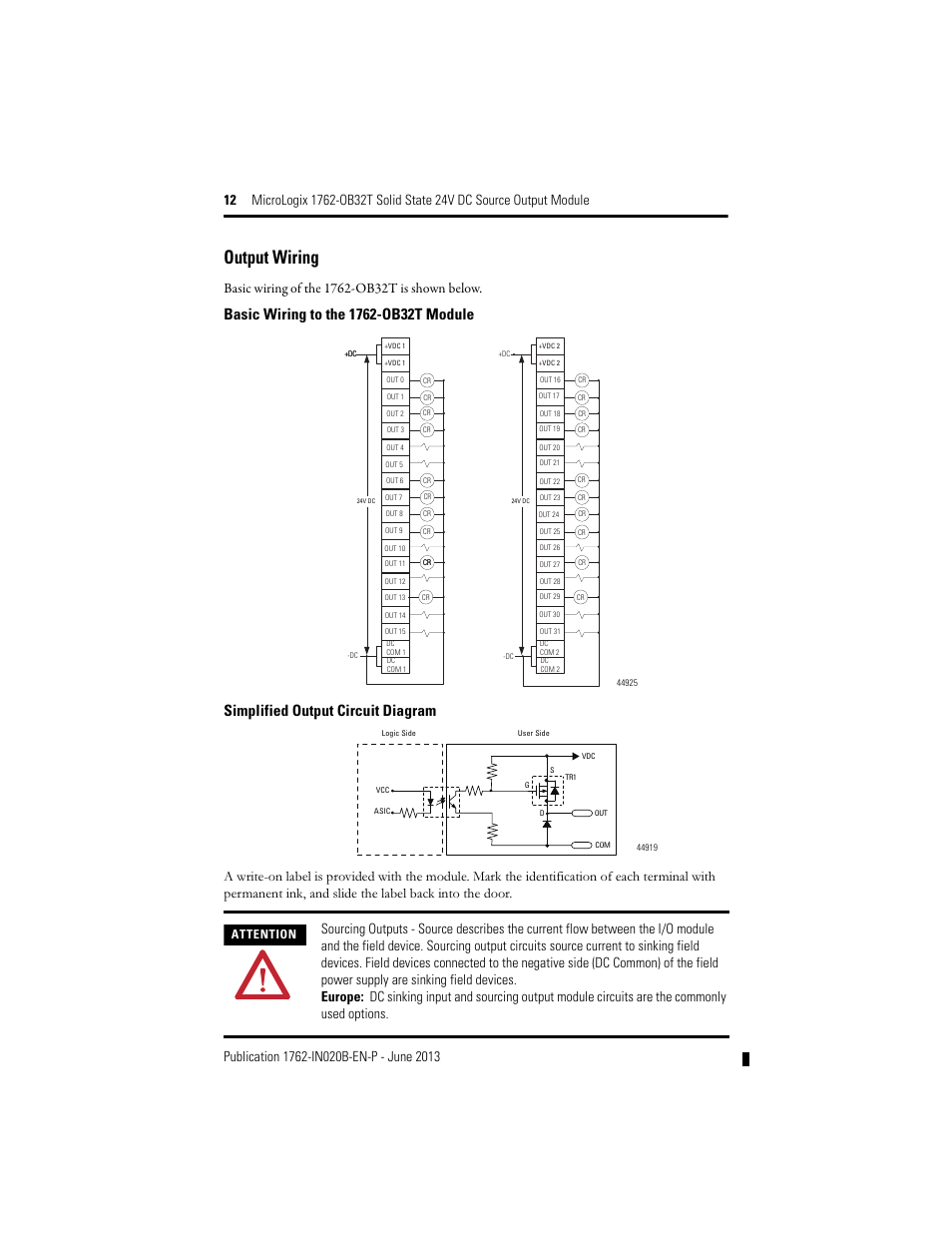 Output wiring, Simplified output circuit diagram, Attention | Rockwell Automation 1762-OB32T MicroLogix Solid State 24V DC Source Output User Manual | Page 12 / 20