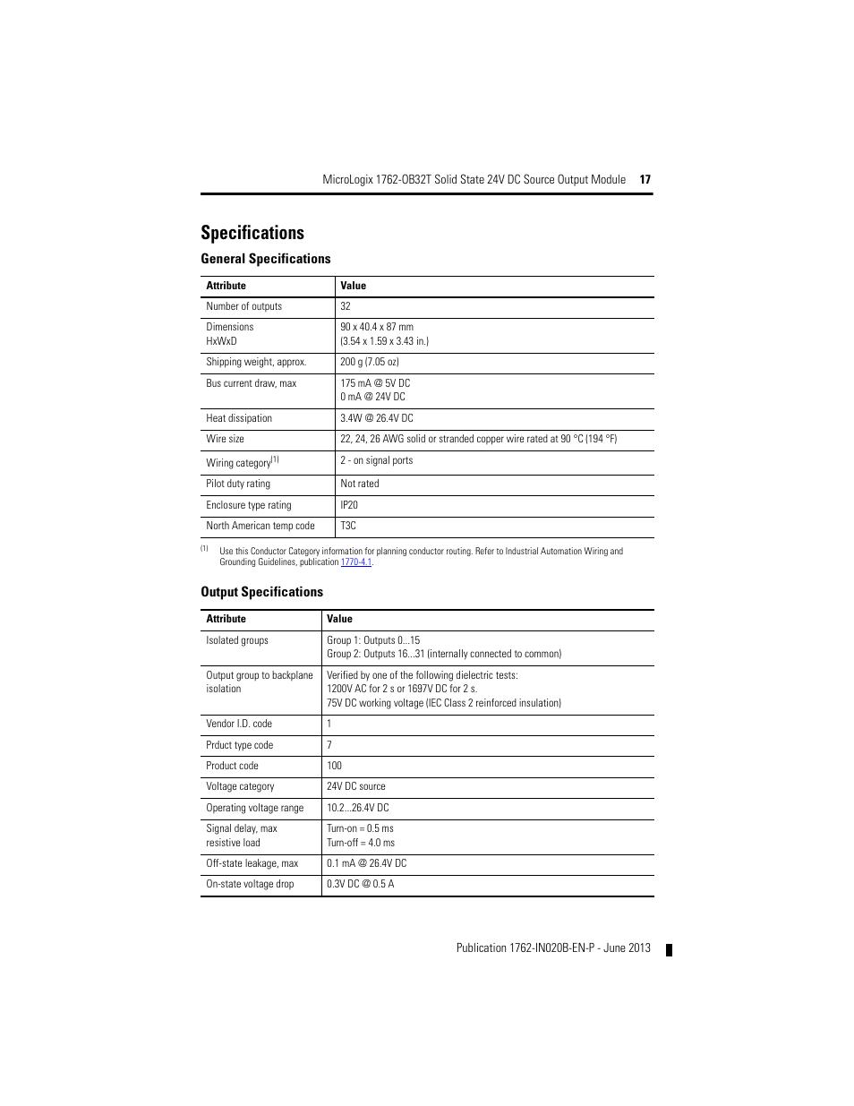 Specifications | Rockwell Automation 1762-OB32T MicroLogix Solid State 24V DC Source Output User Manual | Page 17 / 20