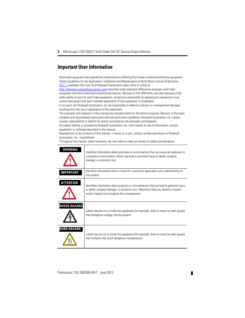 Important user information | Rockwell Automation 1762-OB32T MicroLogix Solid State 24V DC Source Output User Manual | Page 2 / 20