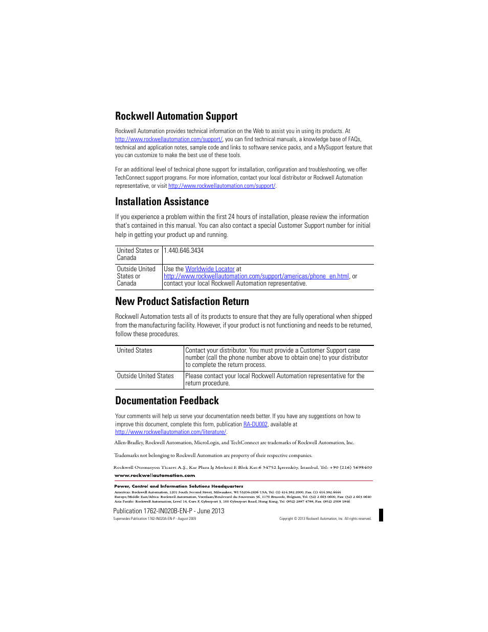 Back cover, Rockwell automation support, Installation assistance | New product satisfaction return, Documentation feedback | Rockwell Automation 1762-OB32T MicroLogix Solid State 24V DC Source Output User Manual | Page 20 / 20