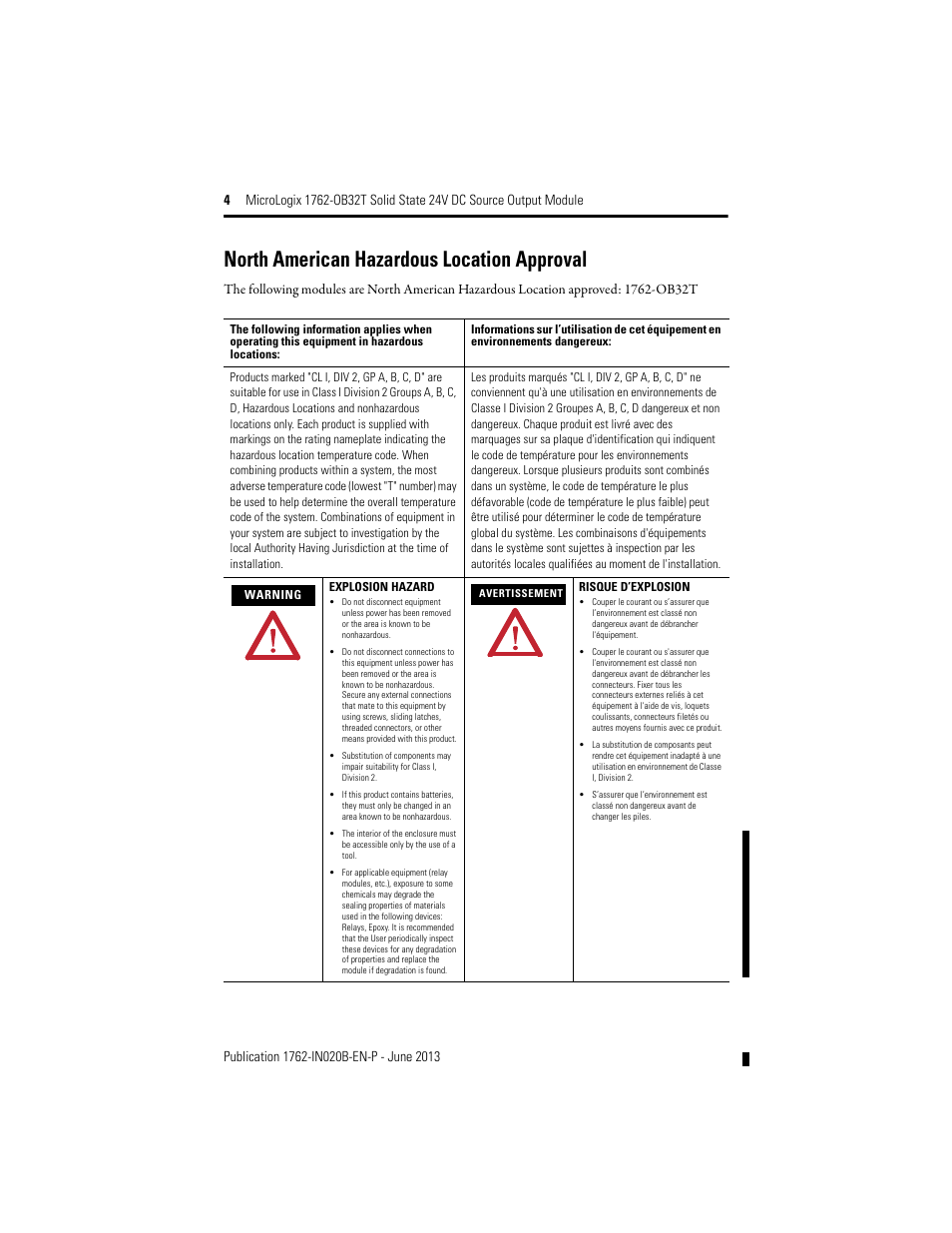 North american hazardous location approval | Rockwell Automation 1762-OB32T MicroLogix Solid State 24V DC Source Output User Manual | Page 4 / 20