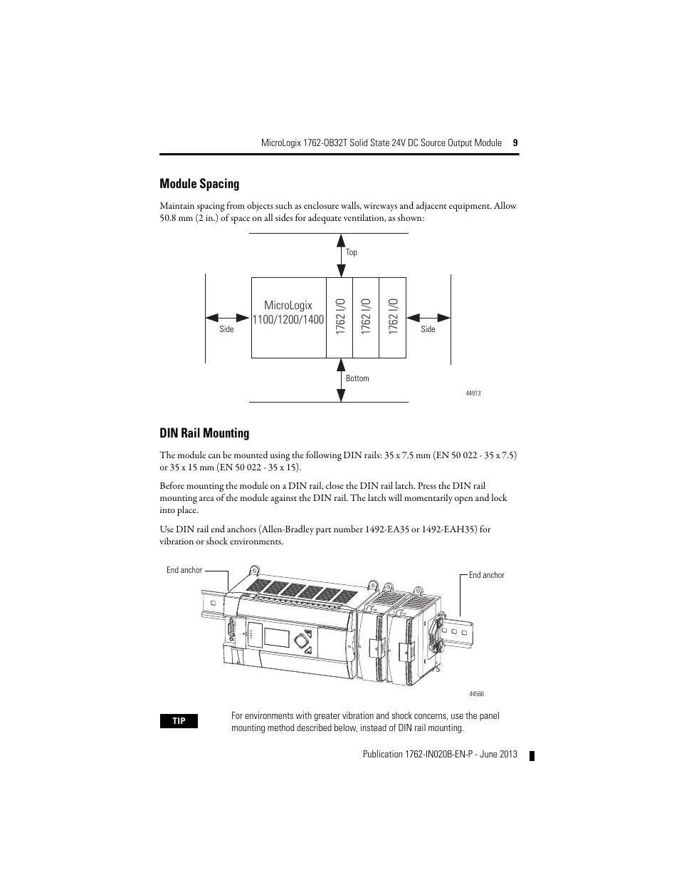 Module spacing, Din rail mounting | Rockwell Automation 1762-OB32T MicroLogix Solid State 24V DC Source Output User Manual | Page 9 / 20