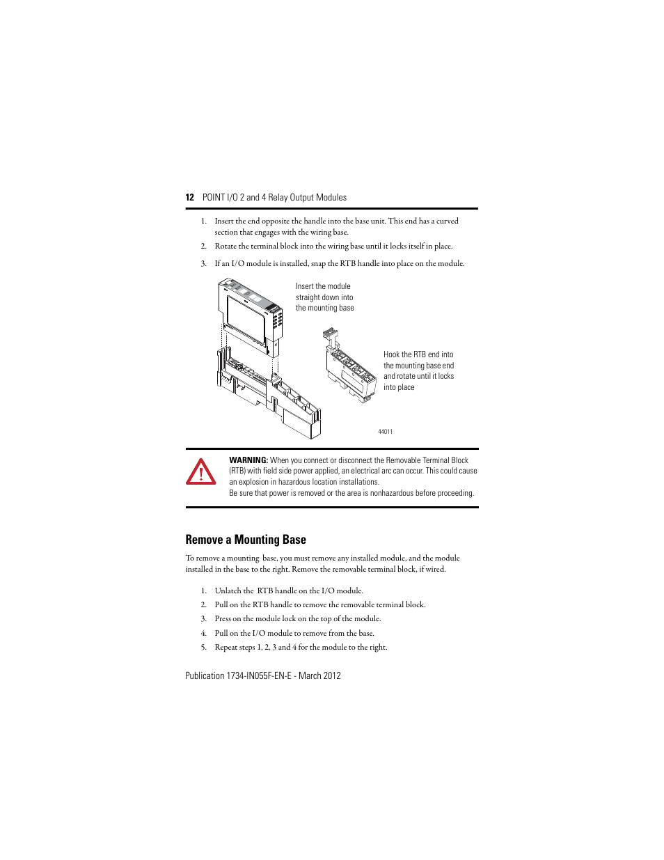Remove a mounting base | Rockwell Automation 1734-OW2_OW4, Series C Point I/O 2 and 4 Relay Output Modules User Manual | Page 12 / 24