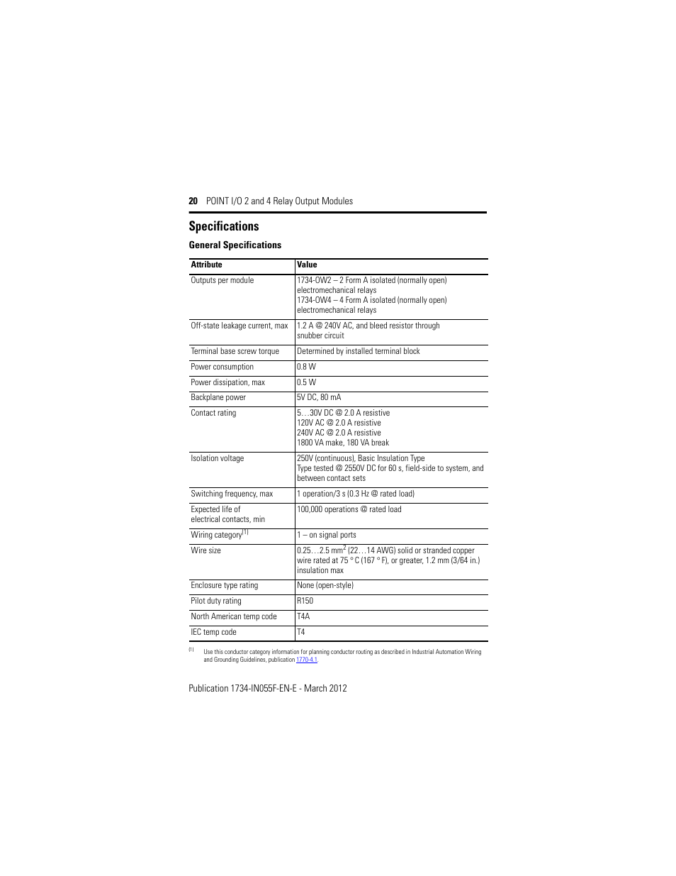Specifications | Rockwell Automation 1734-OW2_OW4, Series C Point I/O 2 and 4 Relay Output Modules User Manual | Page 20 / 24