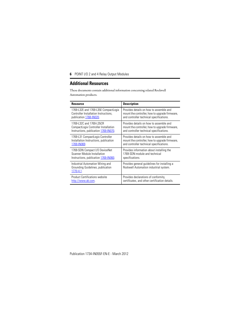 Additional resources | Rockwell Automation 1734-OW2_OW4, Series C Point I/O 2 and 4 Relay Output Modules User Manual | Page 6 / 24