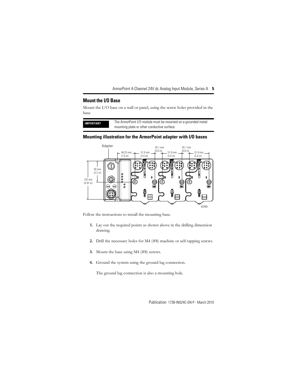 Mount the i/o base | Rockwell Automation 1738-IE4CM12 ArmorPoint 4-Channel 24V dc Analog Input Modules, Series A User Manual | Page 5 / 16