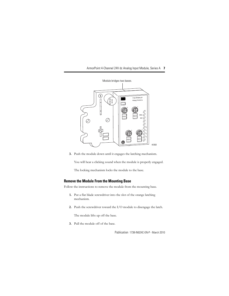 Remove the module from the mounting base | Rockwell Automation 1738-IE4CM12 ArmorPoint 4-Channel 24V dc Analog Input Modules, Series A User Manual | Page 7 / 16