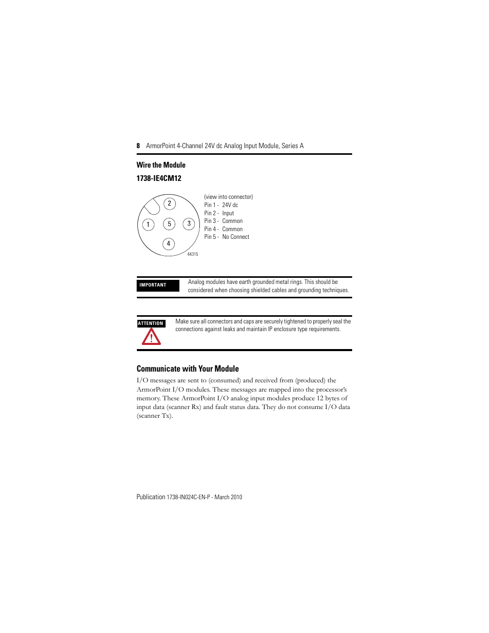 Wire the module, Communicate with your module | Rockwell Automation 1738-IE4CM12 ArmorPoint 4-Channel 24V dc Analog Input Modules, Series A User Manual | Page 8 / 16