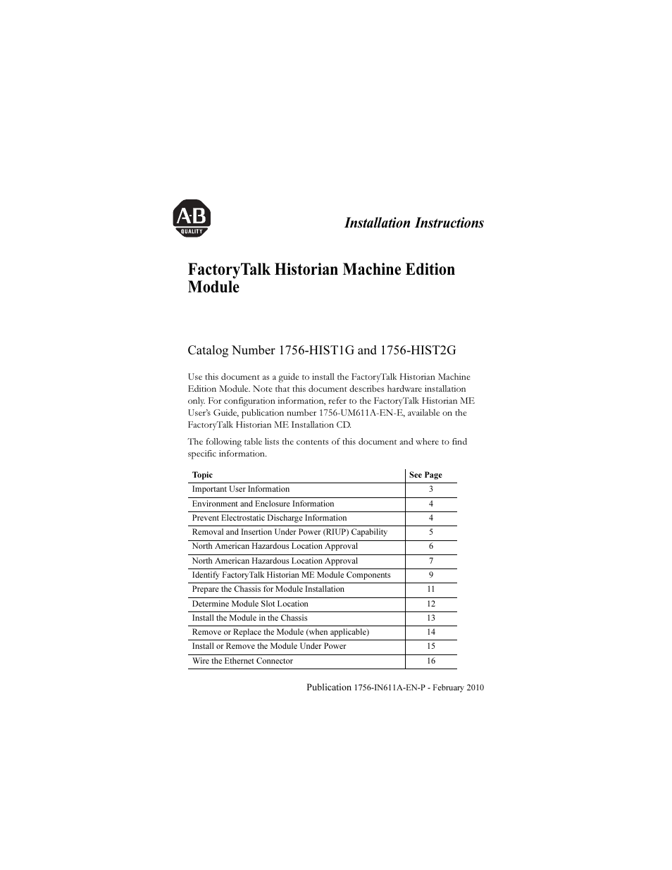 Rockwell Automation 1756-HIST2G FactoryTalk Historian ME 2.1 Installation Instructions User Manual | 26 pages