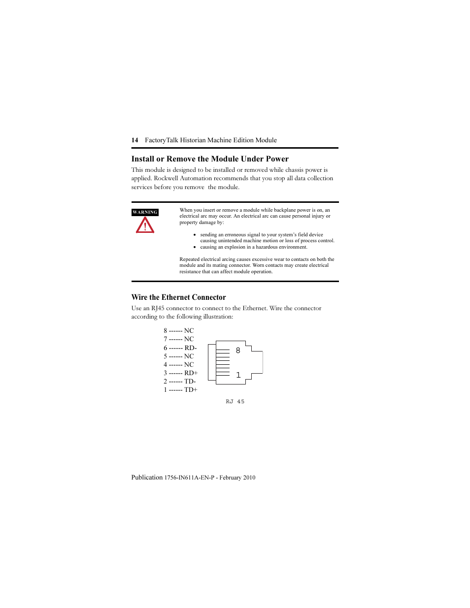 Install or remove the module under power, Wire the ethernet connector | Rockwell Automation 1756-HIST2G FactoryTalk Historian ME 2.1 Installation Instructions User Manual | Page 14 / 26