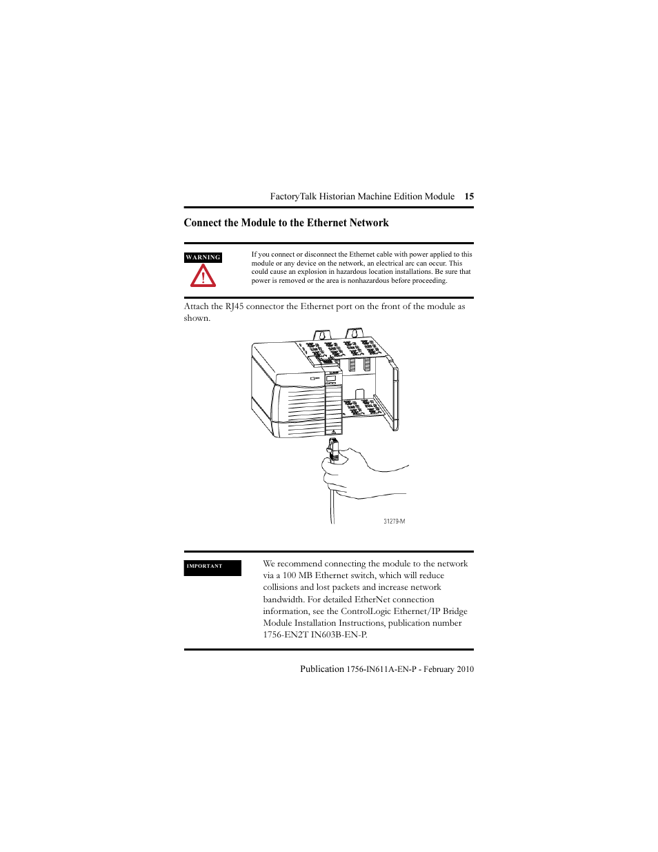 Connect the module to the ethernet network | Rockwell Automation 1756-HIST2G FactoryTalk Historian ME 2.1 Installation Instructions User Manual | Page 15 / 26