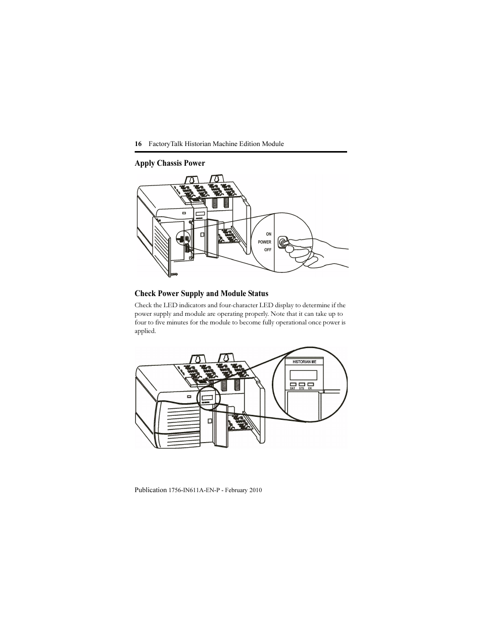 Apply chassis power, Check power supply and module status | Rockwell Automation 1756-HIST2G FactoryTalk Historian ME 2.1 Installation Instructions User Manual | Page 16 / 26