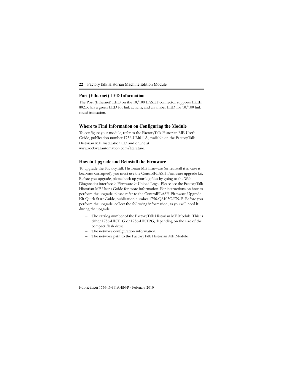 Port (ethernet) led information, How to upgrade and reinstall the firmware | Rockwell Automation 1756-HIST2G FactoryTalk Historian ME 2.1 Installation Instructions User Manual | Page 22 / 26
