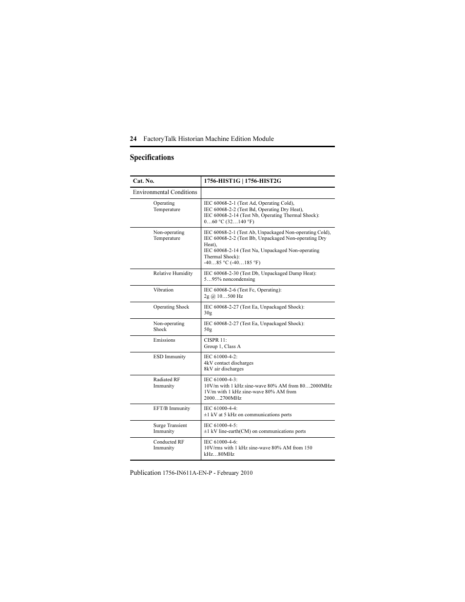 Specifications | Rockwell Automation 1756-HIST2G FactoryTalk Historian ME 2.1 Installation Instructions User Manual | Page 24 / 26