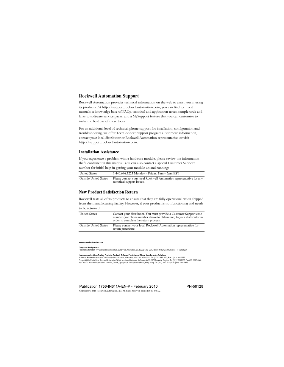 Rockwell automation support, Installation assistance, New product satisfaction return | Rockwell Automation 1756-HIST2G FactoryTalk Historian ME 2.1 Installation Instructions User Manual | Page 26 / 26