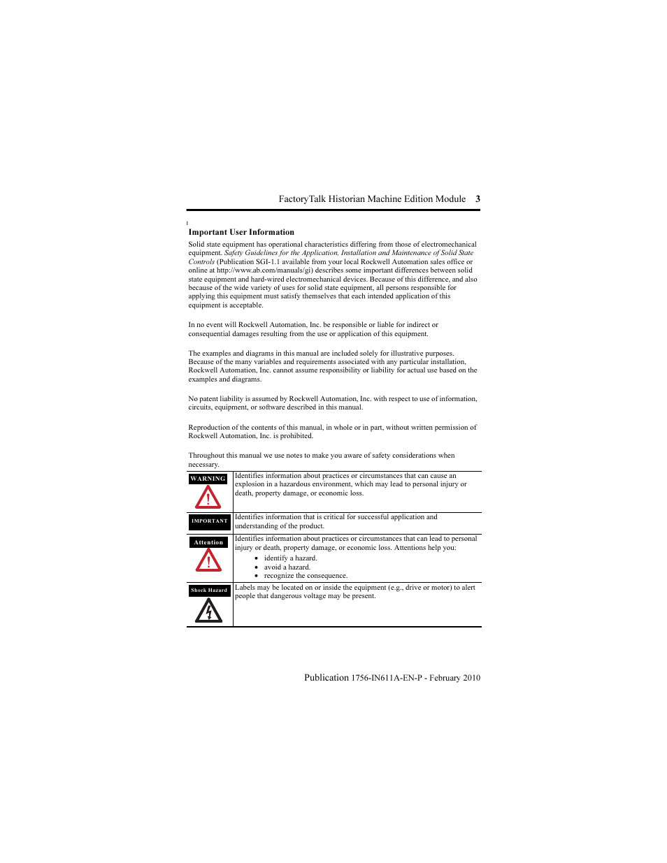 Important user information | Rockwell Automation 1756-HIST2G FactoryTalk Historian ME 2.1 Installation Instructions User Manual | Page 3 / 26