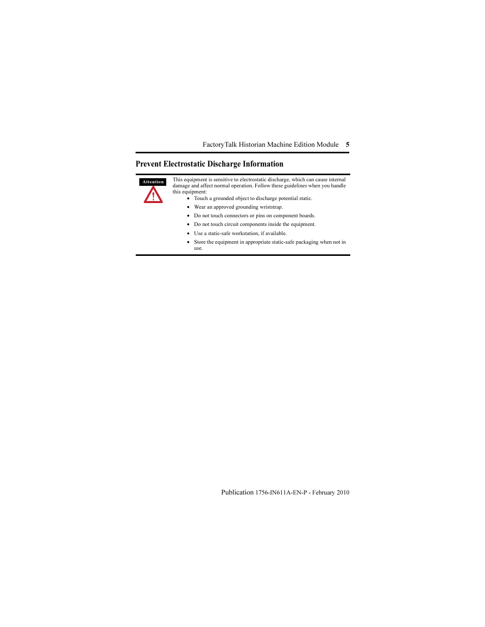 Prevent electrostatic discharge information | Rockwell Automation 1756-HIST2G FactoryTalk Historian ME 2.1 Installation Instructions User Manual | Page 5 / 26