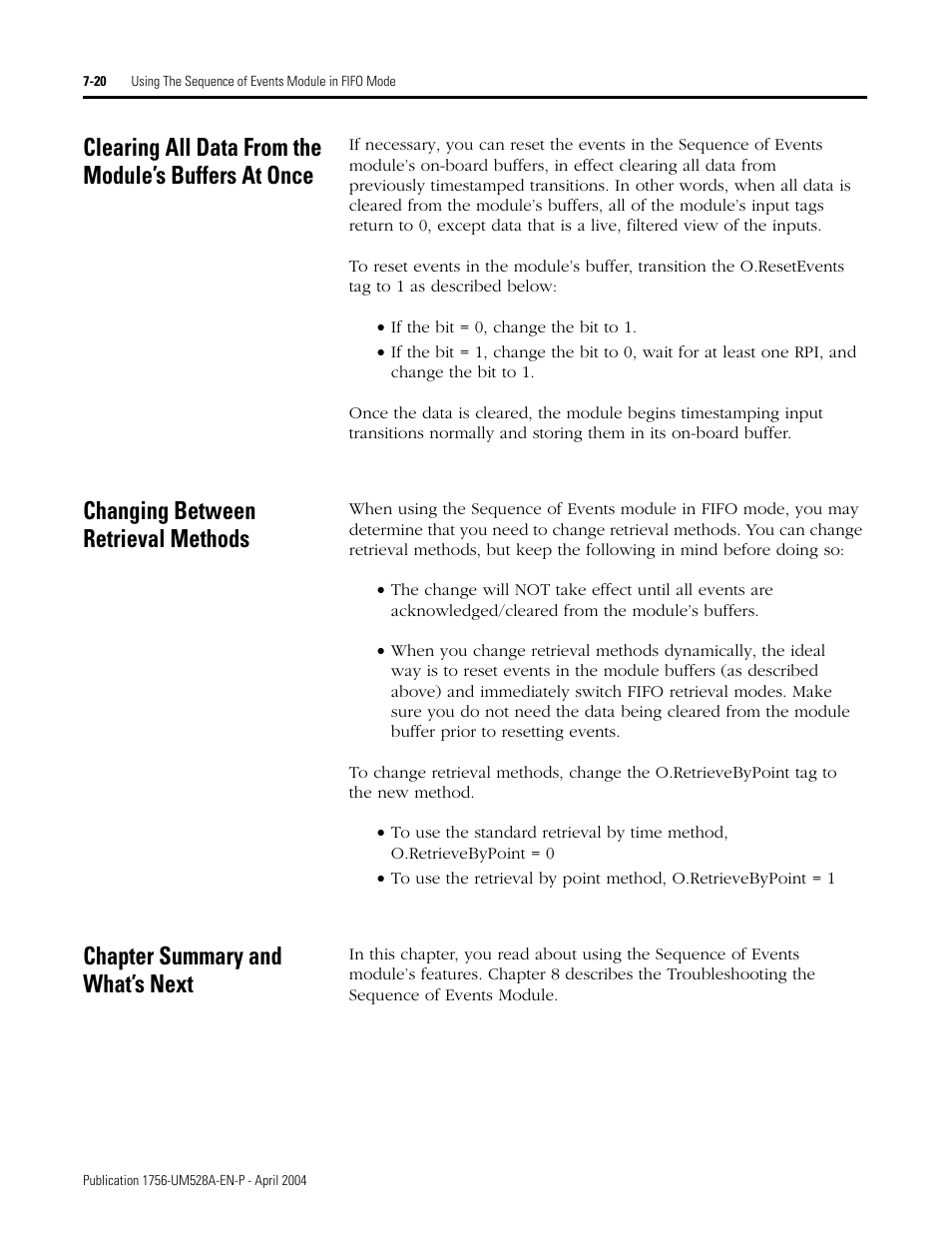 Changing between retrieval methods, Chapter summary and what’s next | Rockwell Automation 1756-IH16ISOE ControlLogix Sequence of Events Module User Manual | Page 106 / 160