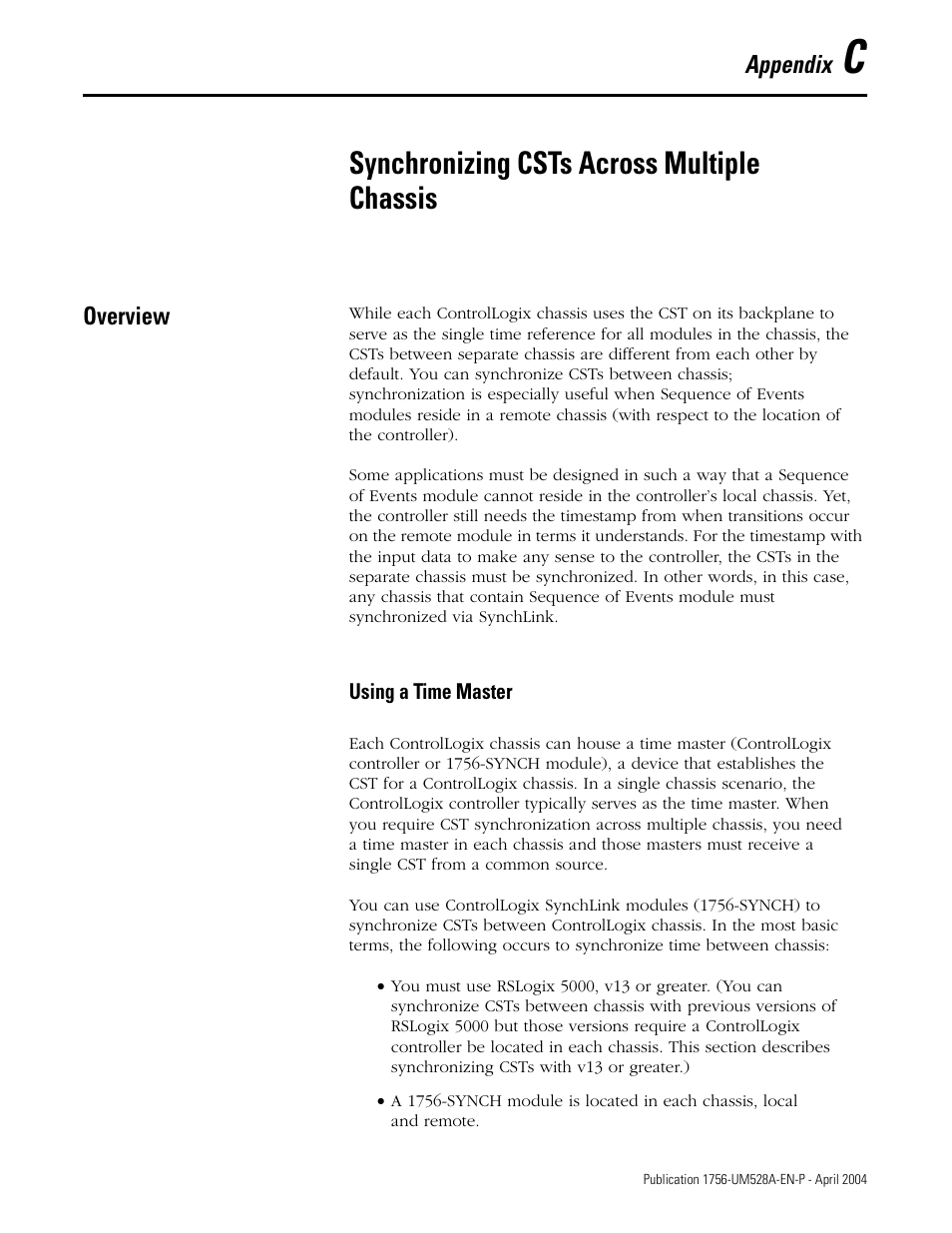 C - synchronizing csts across multiple chassis, Overview, Appendix c | Synchronizing csts across multiple chassis | Rockwell Automation 1756-IH16ISOE ControlLogix Sequence of Events Module User Manual | Page 129 / 160