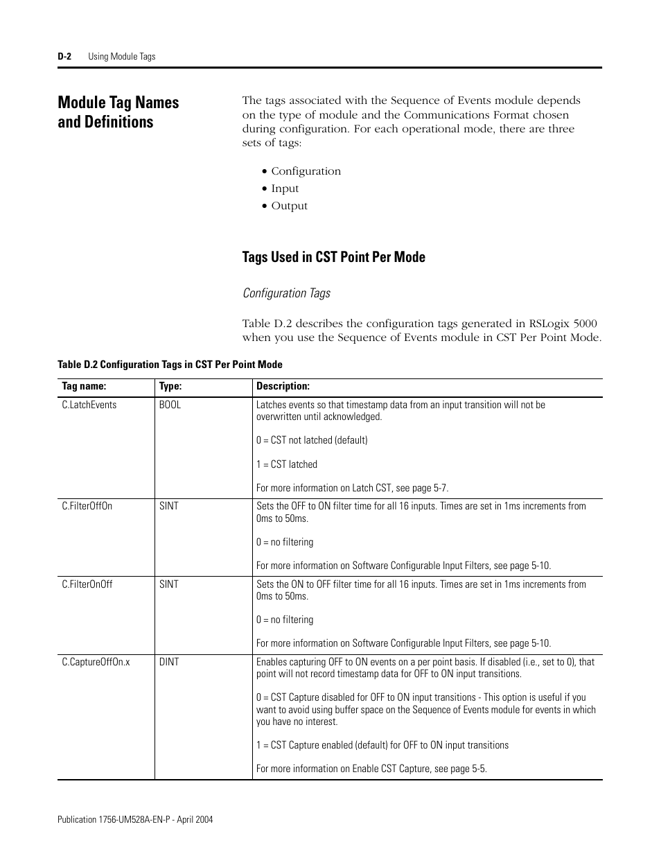 Module tag names and definitions, Tags used in cst point per mode | Rockwell Automation 1756-IH16ISOE ControlLogix Sequence of Events Module User Manual | Page 136 / 160