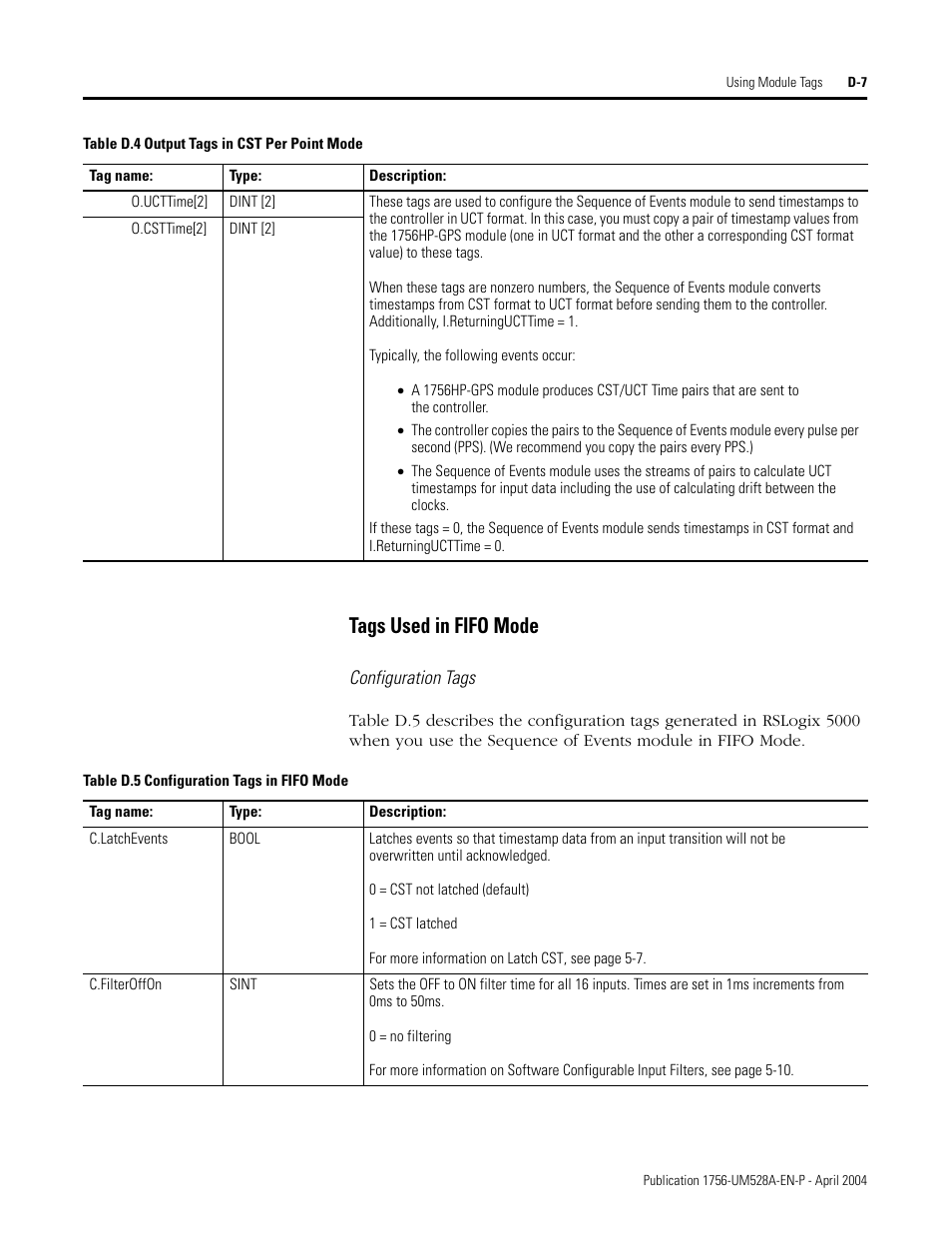 Tags used in fifo mode | Rockwell Automation 1756-IH16ISOE ControlLogix Sequence of Events Module User Manual | Page 141 / 160