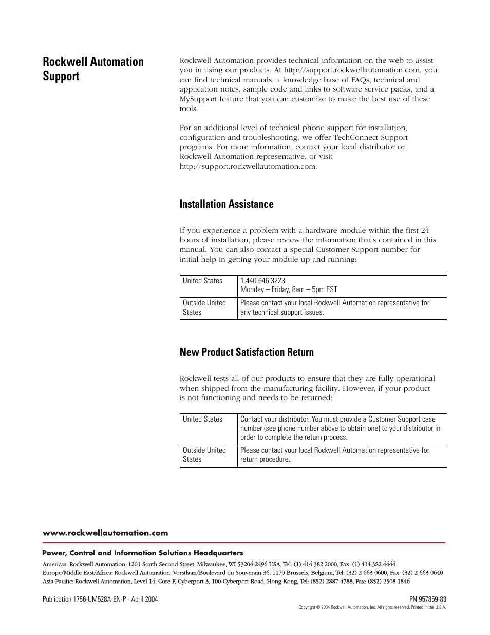 Back cover, Rockwell automation support, Installation assistance | New product satisfaction return | Rockwell Automation 1756-IH16ISOE ControlLogix Sequence of Events Module User Manual | Page 160 / 160