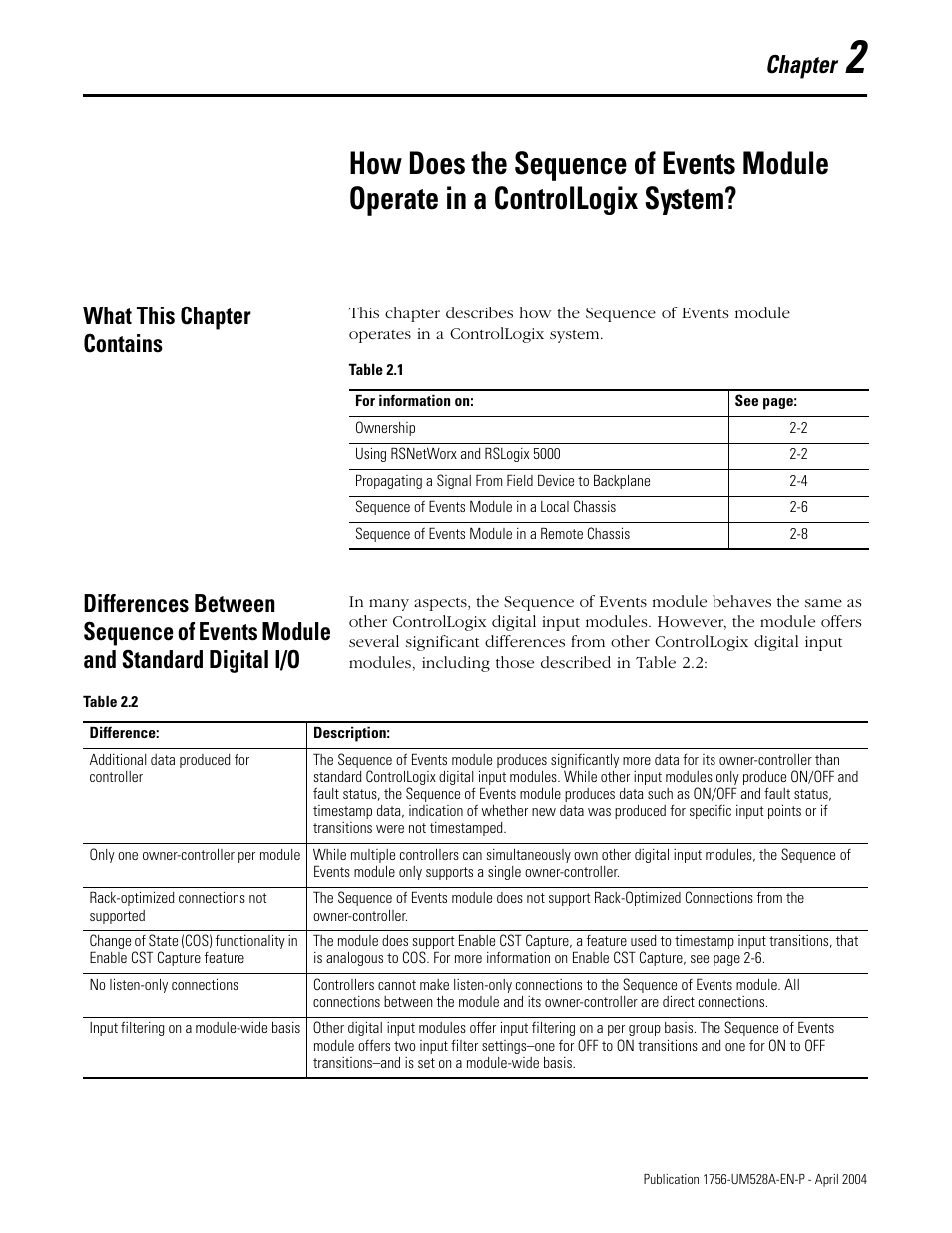 What this chapter contains, Chapter 2, Chapter | Rockwell Automation 1756-IH16ISOE ControlLogix Sequence of Events Module User Manual | Page 17 / 160